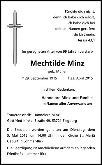Anzeige von Mechtilde Minz von Kölner Stadt-Anzeiger / Kölnische Rundschau / Express