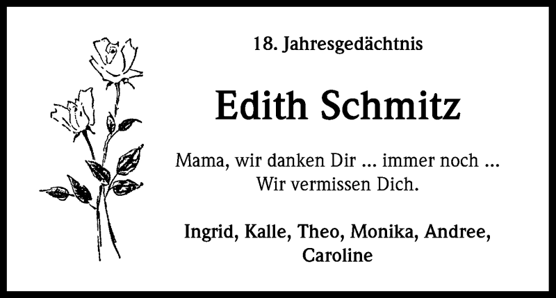  Traueranzeige für Edith Schmitz vom 12.11.2015 aus Kölner Stadt-Anzeiger / Kölnische Rundschau / Express