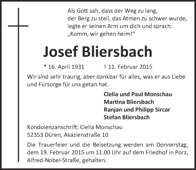  Traueranzeige für Josef Bliersbach vom 18.02.2015 aus  Kölner Wochenspiegel 