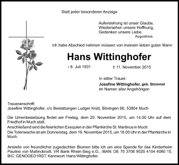 Anzeige von Hans Wittinghofer von Köln - Wir Trauern