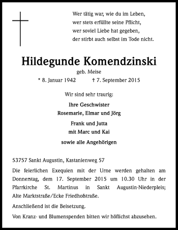 Anzeige von Hildegunde Komendzinski von Kölner Stadt-Anzeiger / Kölnische Rundschau / Express