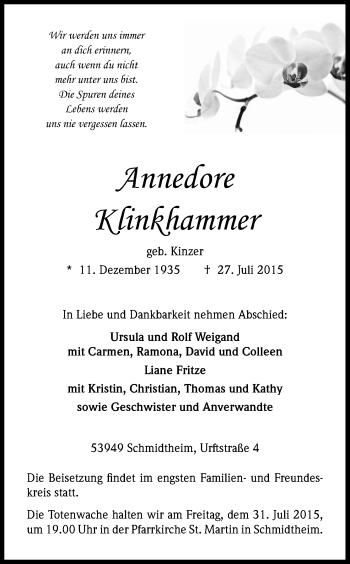 Anzeige von Annedore Klinkhammer von Kölner Stadt-Anzeiger / Kölnische Rundschau / Express
