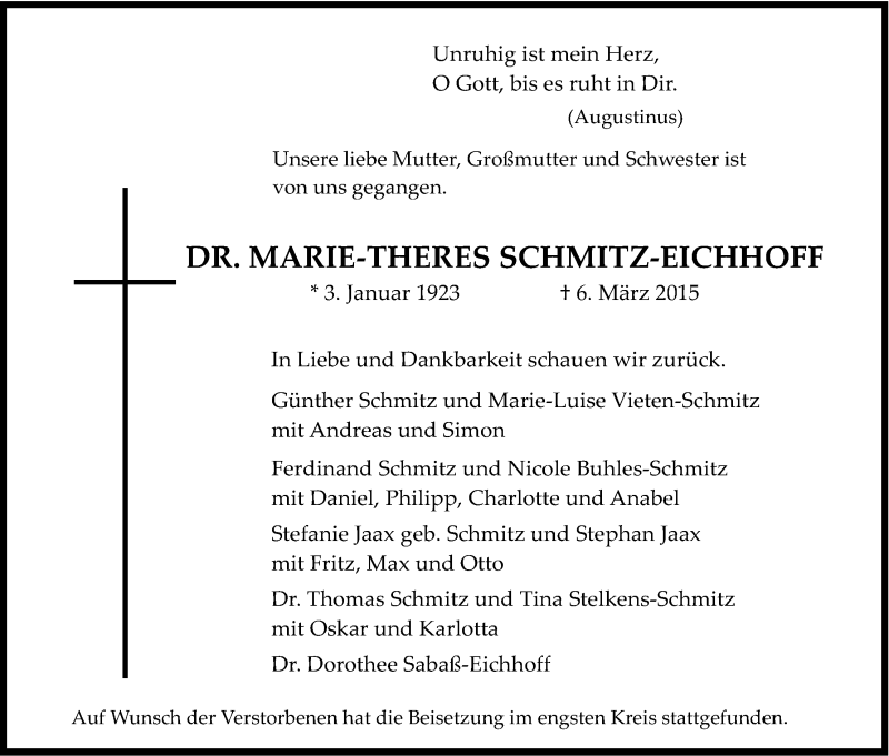  Traueranzeige für Marie-Theres Schmitz-Eichhoff vom 21.03.2015 aus Kölner Stadt-Anzeiger / Kölnische Rundschau / Express