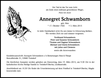 Anzeige von Annegret Schwamborn von Kölner Stadt-Anzeiger / Kölnische Rundschau / Express