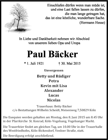 Anzeige von Paul Bäcker von Kölner Stadt-Anzeiger / Kölnische Rundschau / Express