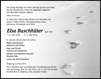 Anzeige von Elsa Buschhüter von Kölner Stadt-Anzeiger / Kölnische Rundschau / Express