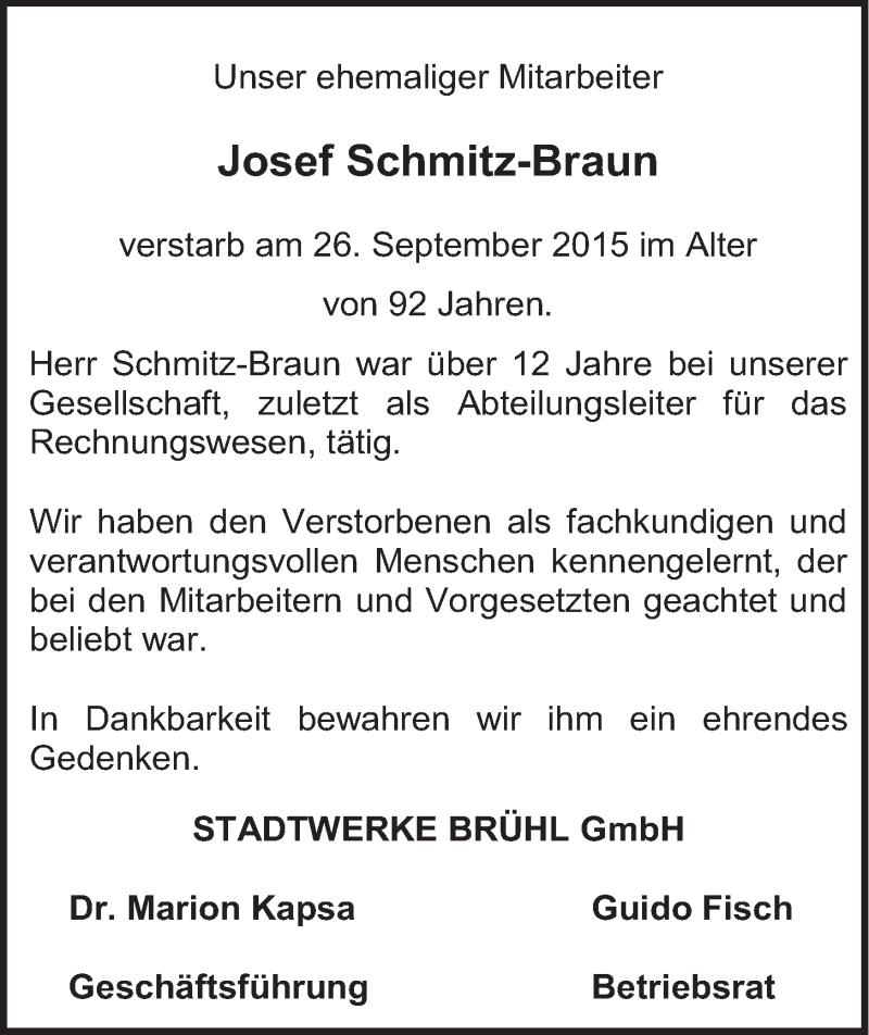  Traueranzeige für Josef Schmitz-Braun vom 07.10.2015 aus  Schlossbote/Werbekurier 