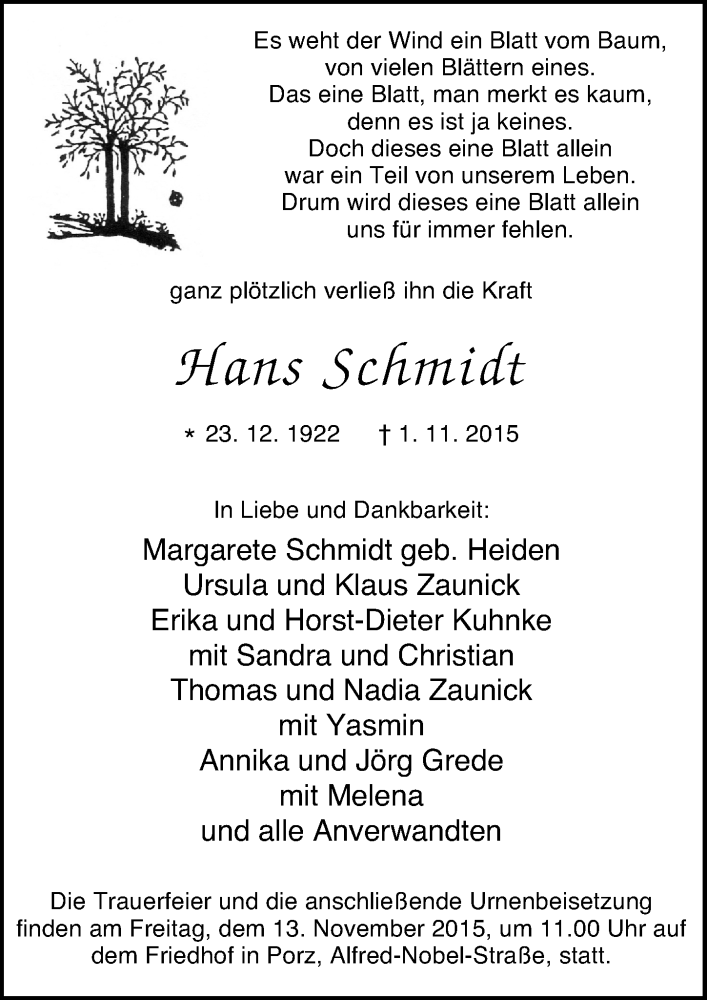  Traueranzeige für Hans Schmidt vom 11.11.2015 aus  Kölner Wochenspiegel 