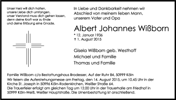 Anzeige von Albert Johannes Wißborn von Kölner Stadt-Anzeiger / Kölnische Rundschau / Express