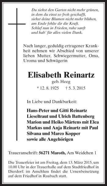 Anzeige von Elisabeth Reinartz von  Wochenende 