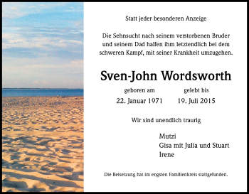 Anzeige von Sven-John Wordsworth von Kölner Stadt-Anzeiger / Kölnische Rundschau / Express