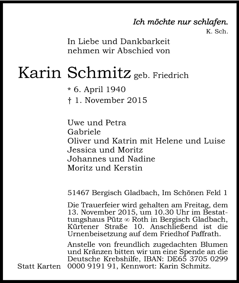  Traueranzeige für Karin Schmitz vom 07.11.2015 aus Kölner Stadt-Anzeiger / Kölnische Rundschau / Express