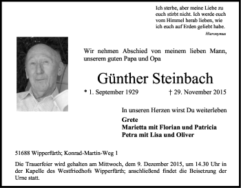 Anzeige von Günther Steinbach von Kölner Stadt-Anzeiger / Kölnische Rundschau / Express