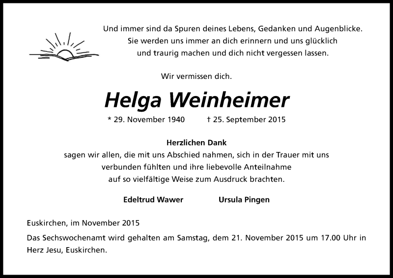  Traueranzeige für Helga Weinheimer vom 17.11.2015 aus Kölner Stadt-Anzeiger / Kölnische Rundschau / Express