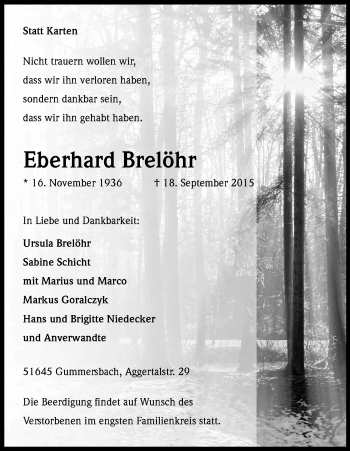 Anzeige von Eberhard Brelöhr von Kölner Stadt-Anzeiger / Kölnische Rundschau / Express