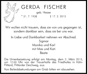 Anzeige von Gerda Fischer von Kölner Stadt-Anzeiger / Kölnische Rundschau / Express