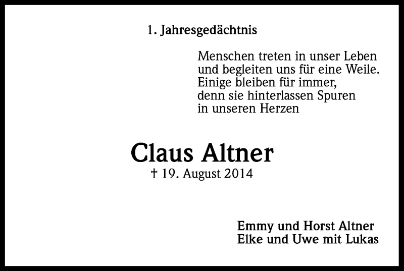  Traueranzeige für Claus Altner vom 22.08.2015 aus Kölner Stadt-Anzeiger / Kölnische Rundschau / Express