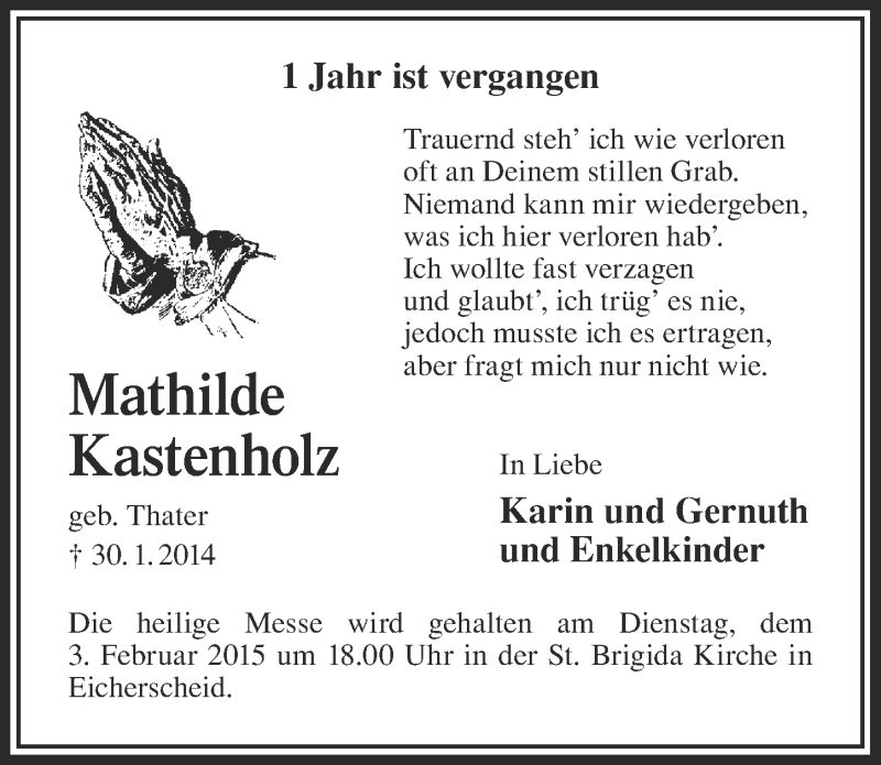  Traueranzeige für Mathilde Kastenholz vom 25.01.2015 aus  Blickpunkt Euskirchen 