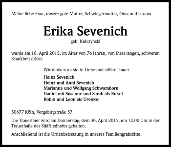 Anzeige von Erika Sevenich von Kölner Stadt-Anzeiger / Kölnische Rundschau / Express