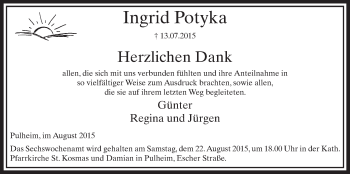 Anzeige von Ingrid Potyka von  Sonntags-Post 
