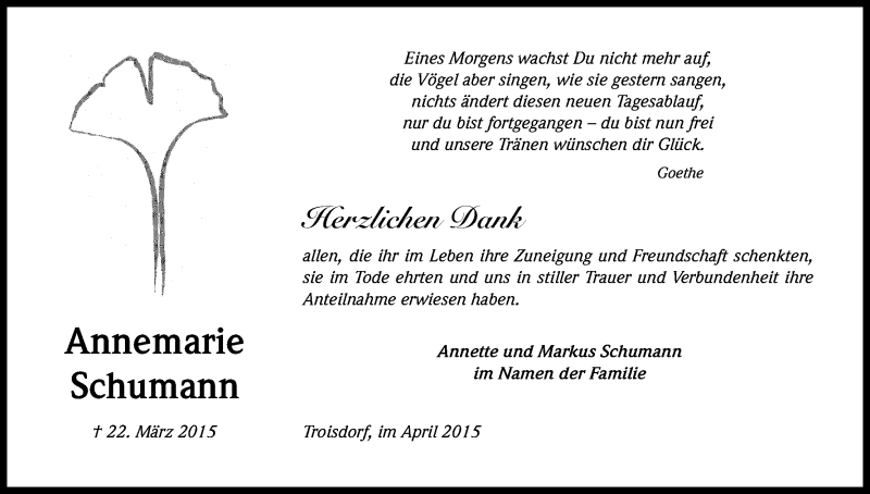  Traueranzeige für Annemarie Schumann vom 25.04.2015 aus Kölner Stadt-Anzeiger / Kölnische Rundschau / Express
