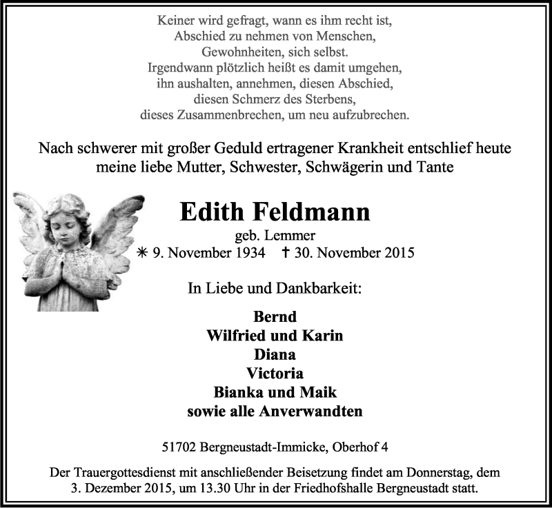 Traueranzeige für Edith Feldmann vom 01.12.2015 aus Kölner Stadt-Anzeiger / Kölnische Rundschau / Express