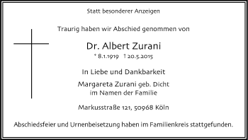 Anzeige von Albert Zurani von Kölner Stadt-Anzeiger / Kölnische Rundschau / Express