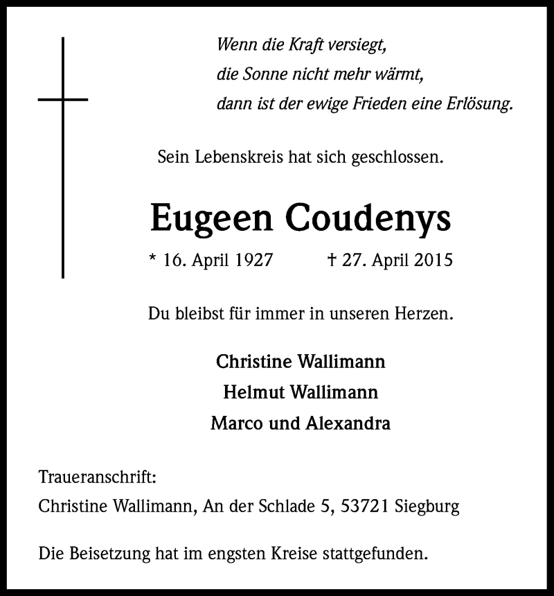  Traueranzeige für Eugeen Coudenys vom 07.05.2015 aus Kölner Stadt-Anzeiger / Kölnische Rundschau / Express