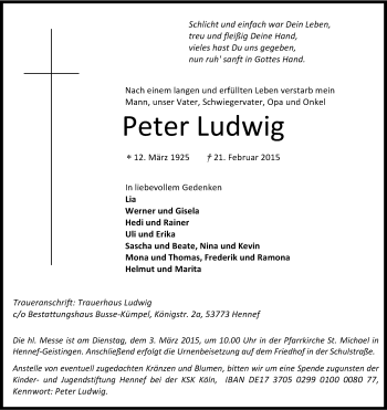 Anzeige von Peter Ludwig von Kölner Stadt-Anzeiger / Kölnische Rundschau / Express