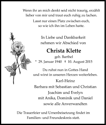 Anzeige von Christa Klette von Kölner Stadt-Anzeiger / Kölnische Rundschau / Express