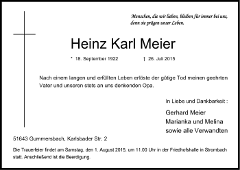 Anzeige von Heinz Karl Meier von Kölner Stadt-Anzeiger / Kölnische Rundschau / Express
