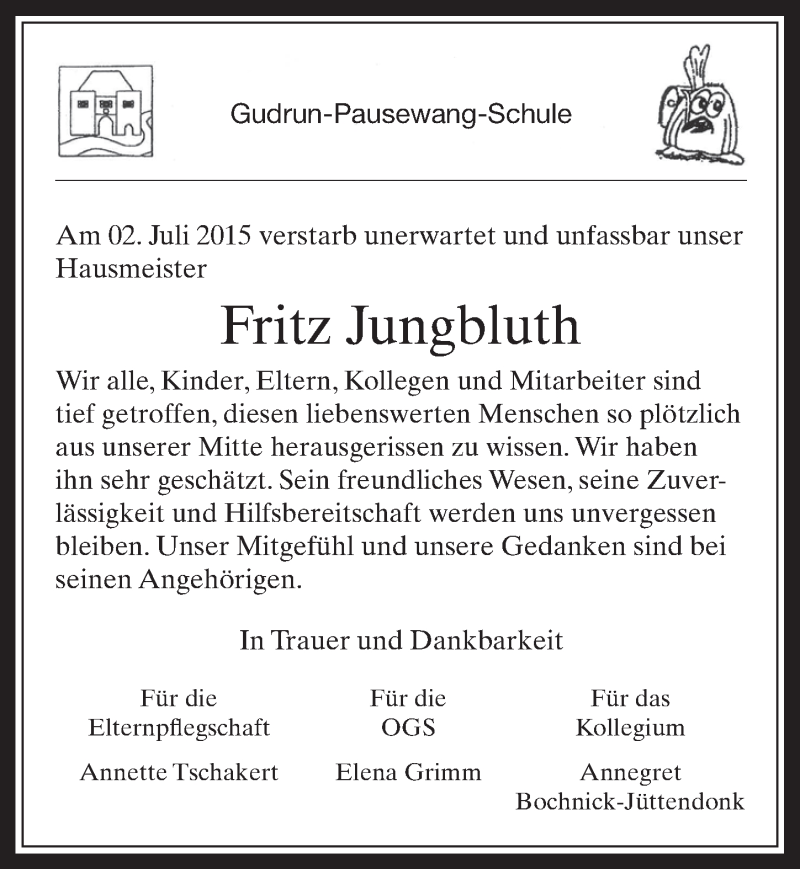  Traueranzeige für Fritz Jungbluth vom 19.08.2015 aus  Werbepost 