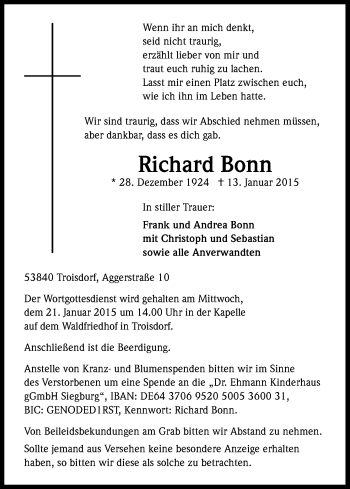 Anzeige von Richard Bonn von Kölner Stadt-Anzeiger / Kölnische Rundschau / Express