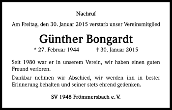 Anzeige von Günther Bongardt von Kölner Stadt-Anzeiger / Kölnische Rundschau / Express