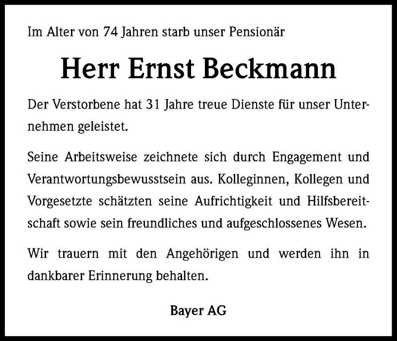  Traueranzeige für Ernst Beckmann vom 22.05.2015 aus Kölner Stadt-Anzeiger / Kölnische Rundschau / Express