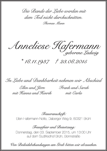 Anzeige von Anneliese Hafermann von  Schlossbote/Werbekurier 