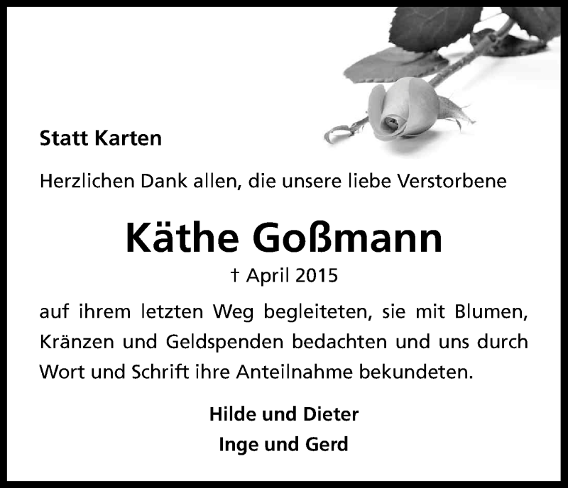  Traueranzeige für Käthe Goßmann vom 19.06.2015 aus Kölner Stadt-Anzeiger / Kölnische Rundschau / Express