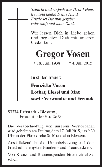 Anzeige von Gregor Vosen von  Werbepost 