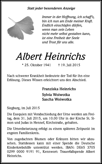 Anzeige von Albert Heinrichs von Kölner Stadt-Anzeiger / Kölnische Rundschau / Express