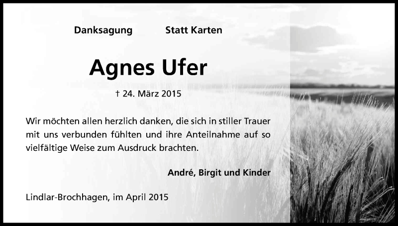  Traueranzeige für Agnes Ufer vom 25.04.2015 aus Kölner Stadt-Anzeiger / Kölnische Rundschau / Express