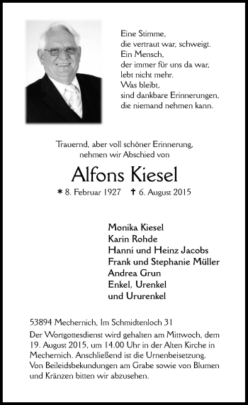 Anzeige von Alfons Kiesel von  Blickpunkt Euskirchen 