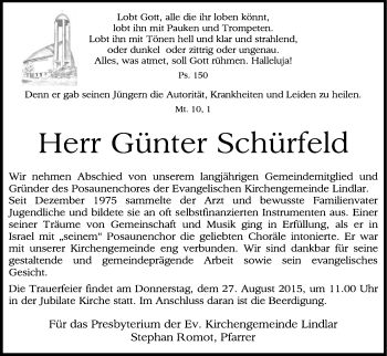 Anzeige von Günter Schürfeld von Kölner Stadt-Anzeiger / Kölnische Rundschau / Express