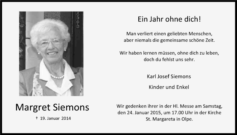  Traueranzeige für Margret Siemons vom 19.01.2015 aus Kölner Stadt-Anzeiger / Kölnische Rundschau / Express