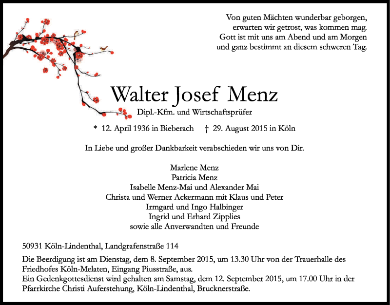  Traueranzeige für Walter Josef Menz vom 05.09.2015 aus Kölner Stadt-Anzeiger / Kölnische Rundschau / Express