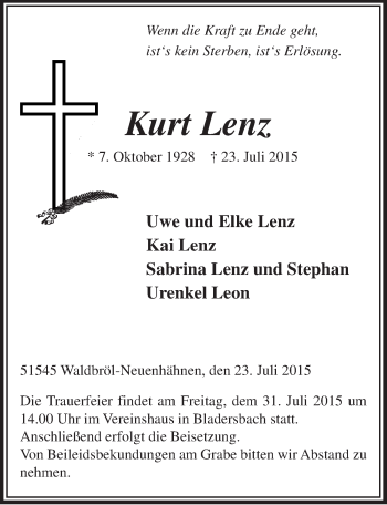 Anzeige von Kurt Lenz von  Lokalanzeiger 