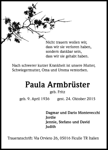 Anzeige von Paula Armbrüster von Kölner Stadt-Anzeiger / Kölnische Rundschau / Express