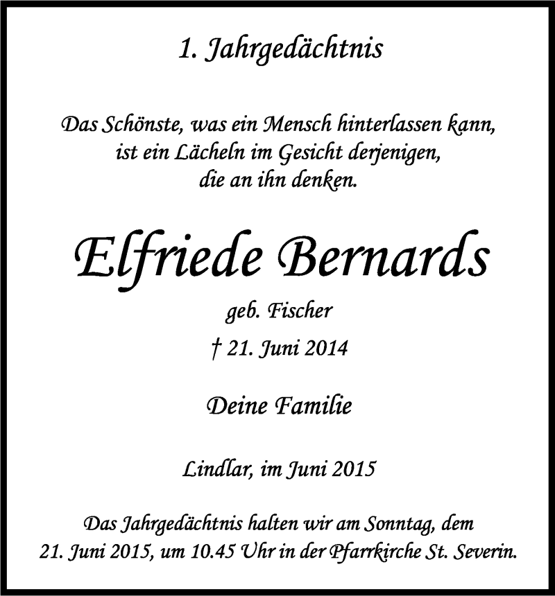  Traueranzeige für Elfriede Bernards vom 20.06.2015 aus Kölner Stadt-Anzeiger / Kölnische Rundschau / Express