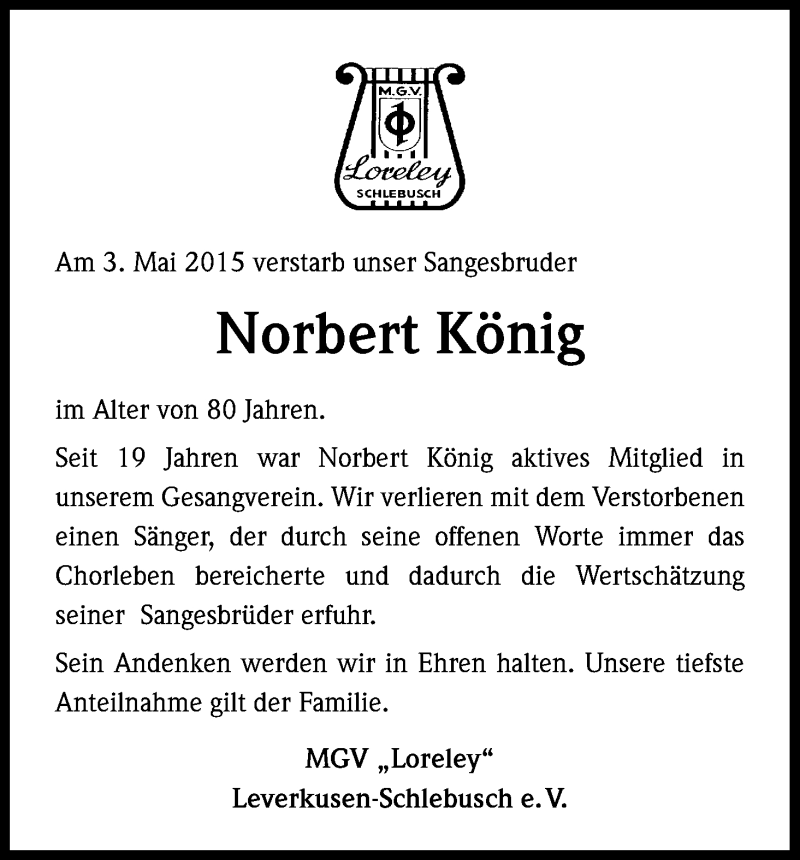  Traueranzeige für Norbert König vom 12.05.2015 aus Kölner Stadt-Anzeiger / Kölnische Rundschau / Express