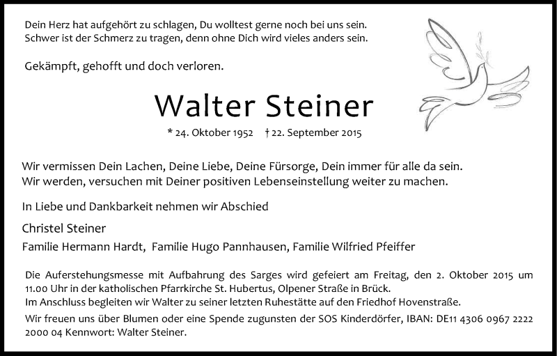  Traueranzeige für Walter Steiner vom 26.09.2015 aus Kölner Stadt-Anzeiger / Kölnische Rundschau / Express