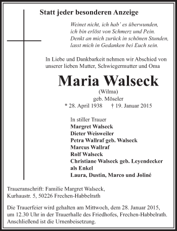 Anzeige von Maria Walseck von  Sonntags-Post 